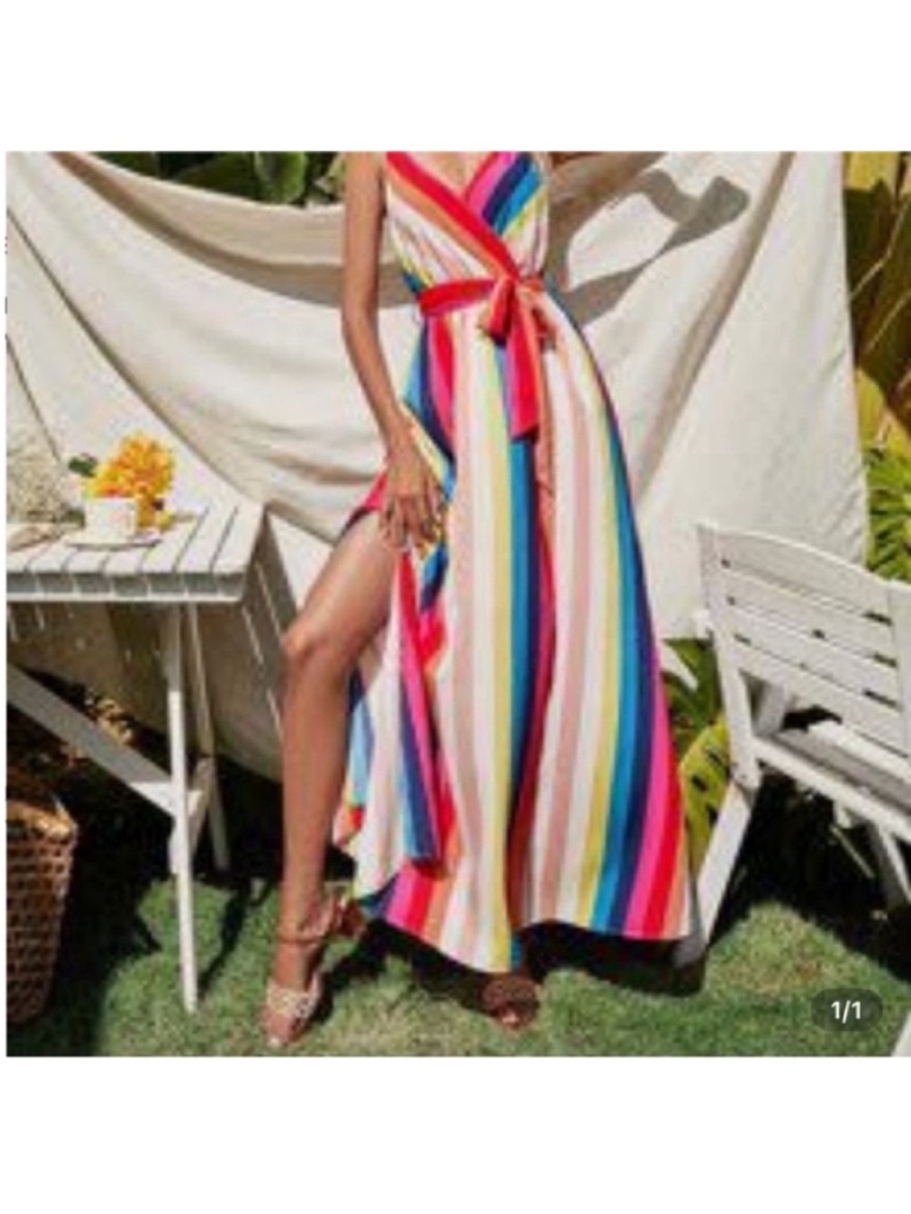 SHEIN V-Neck High-Low Maxi Dress in Bright Multi-Stripe
